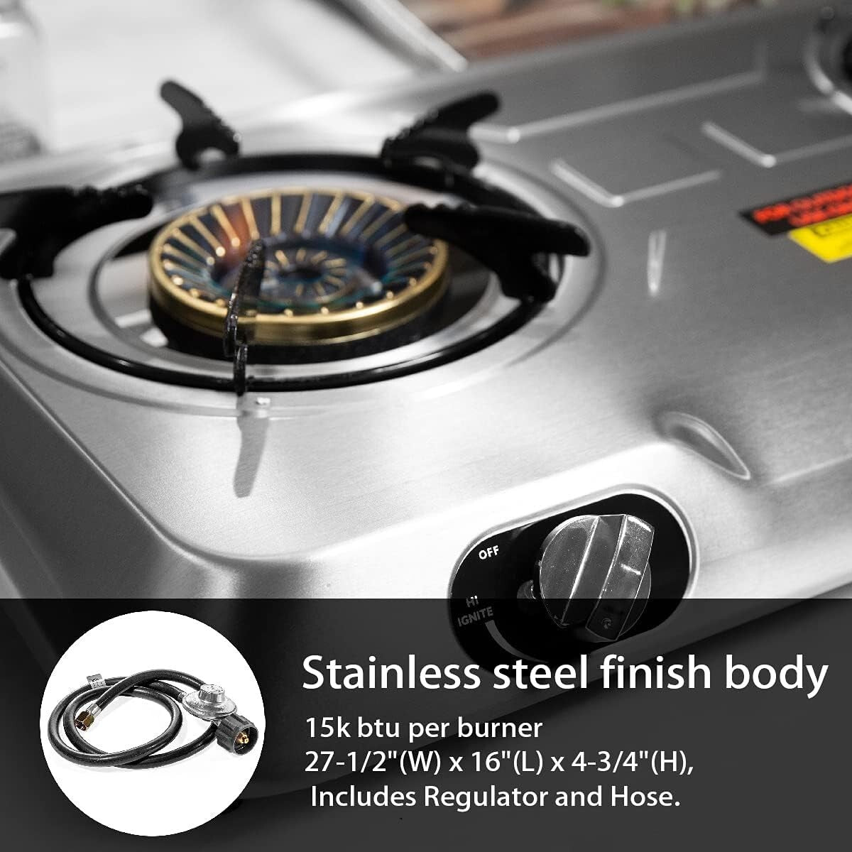 25,516 BTU Portable Double Burner Stove - Stainless Steel for Outdoor Cooking