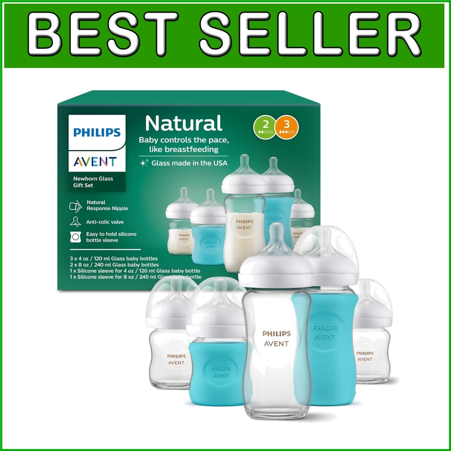 Philips Natural Newborn Glass Bottle Set - 3x4oz & 2x8oz with Ventilated Nipples