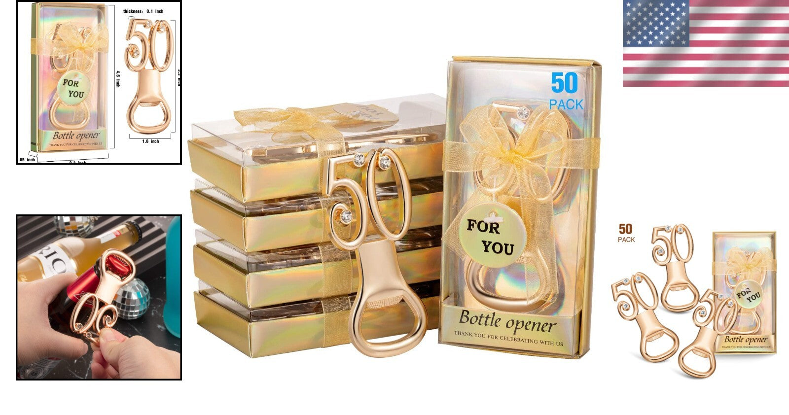 50-Piece Gold Rhinestone Bottle Opener Set for 50th Anniversary Celebrations