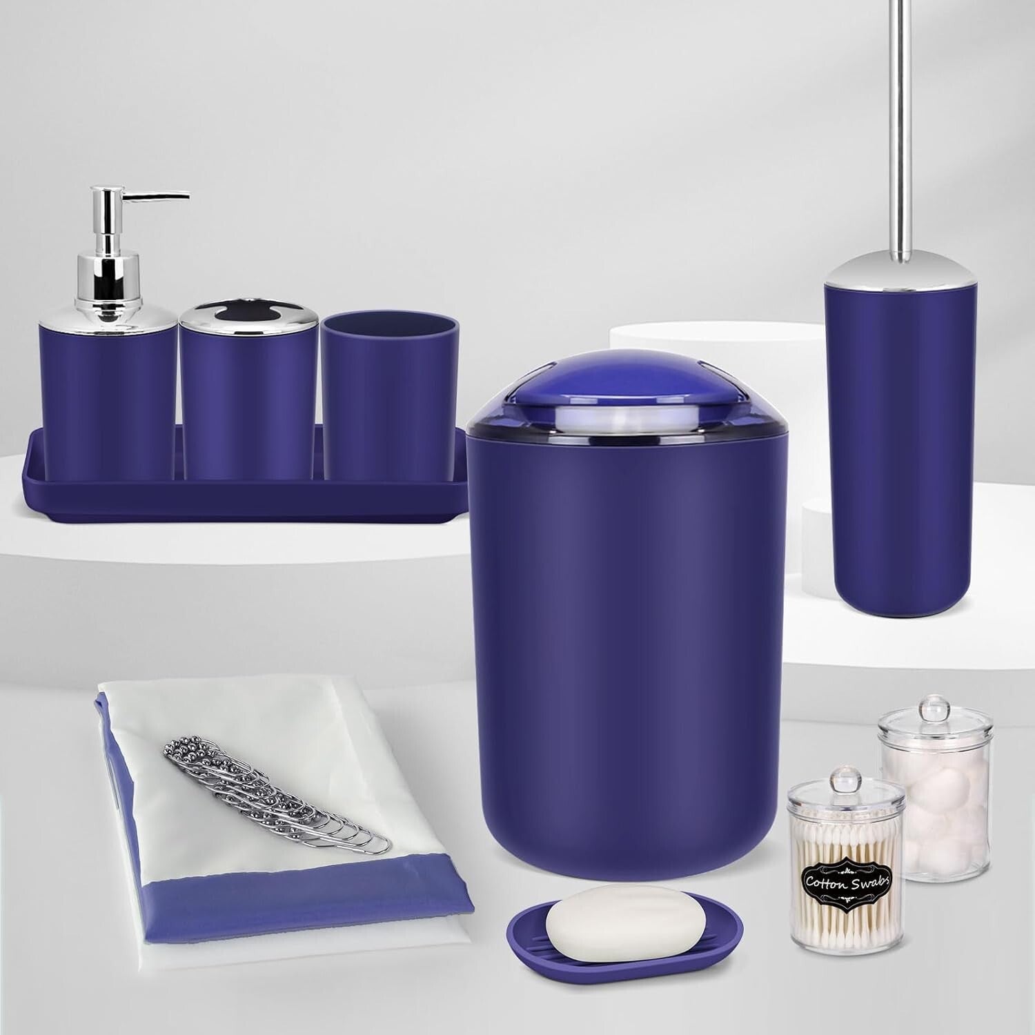 Durable Navy Blue Bathroom Accessories Set – Shower Curtain & Storage Solutions