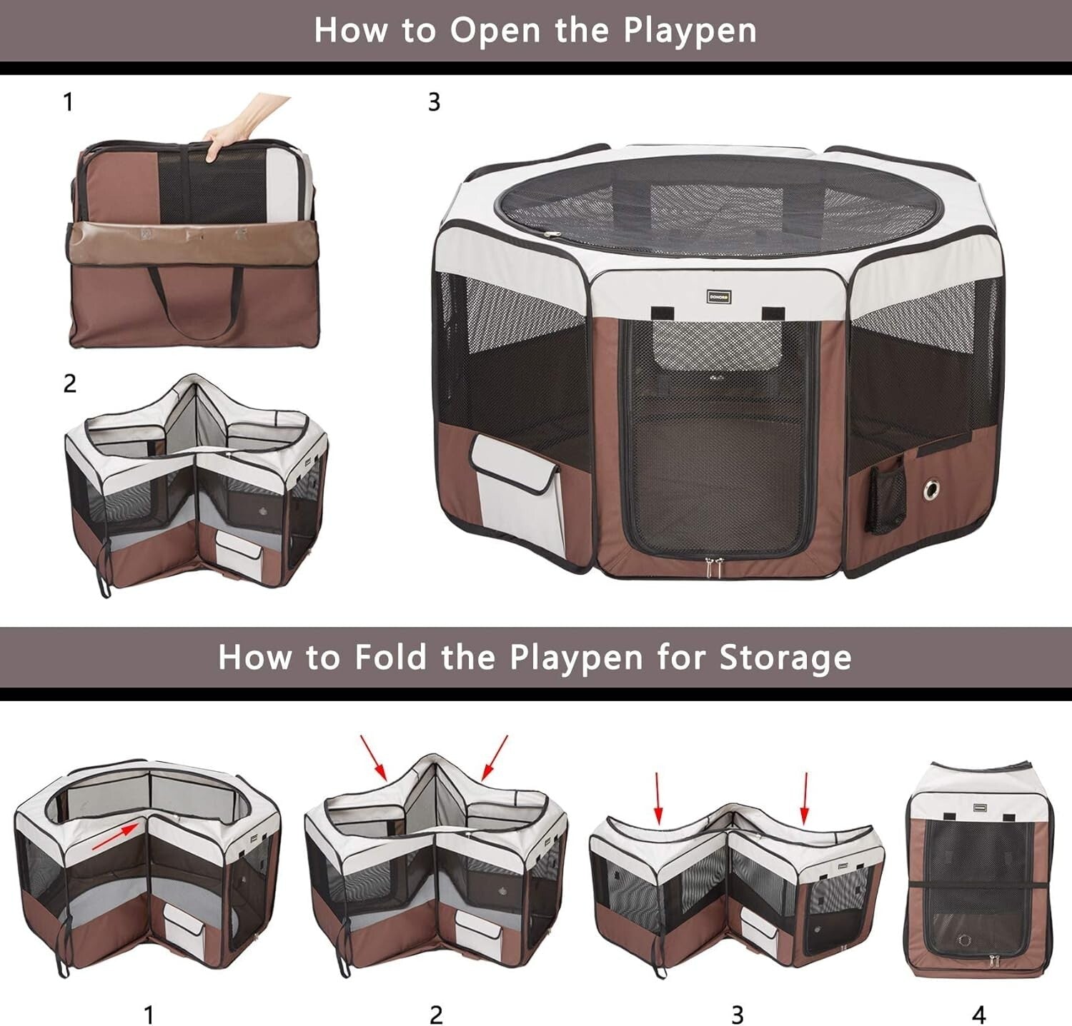 Lightweight Brown Pet Playpen for Small Dogs and Cats - 8 Panel, Removable Top