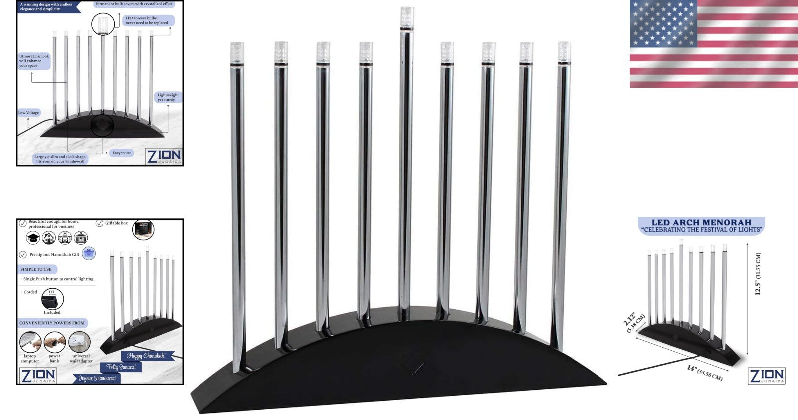 Modern Chanukah Menorah - Black & Silver LED Design with Multi-Power Options