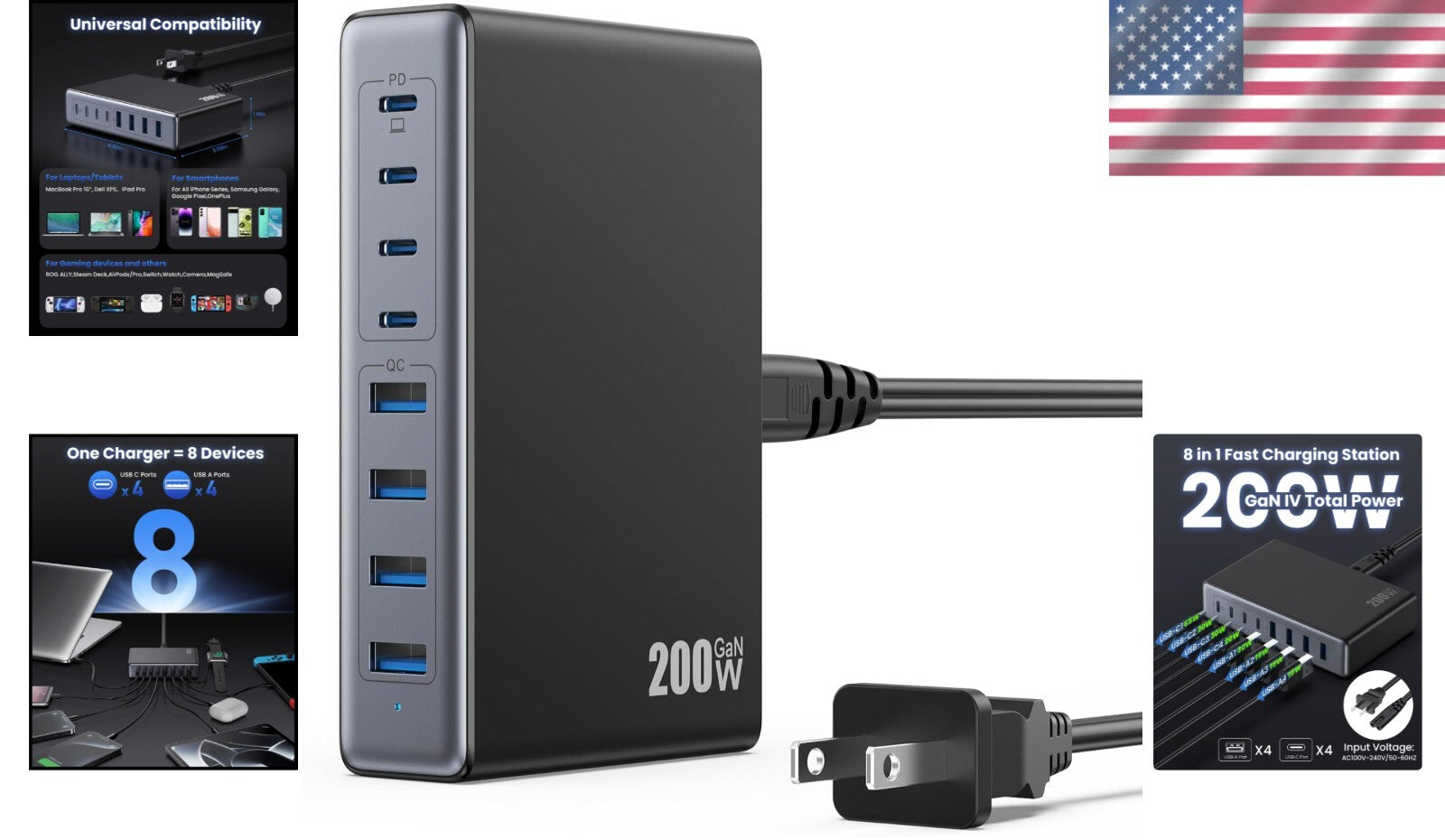 Versatile 200W GaN IV USB C Charger Hub - 8 Ports with Safety Protection