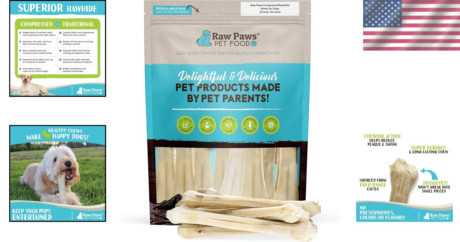 10-Pack Compressed Rawhide Bones - Perfect for Large Dogs and Aggressive Chewers