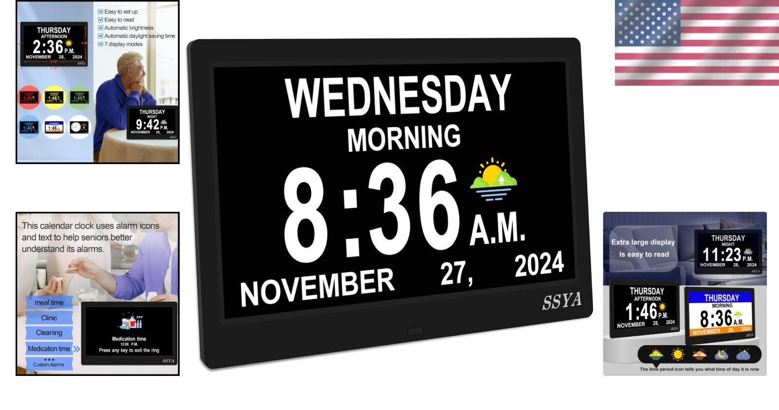 Dementia Clock for Seniors - 11.5'' Digital Calendar Alarm Clock with 12 Alarms