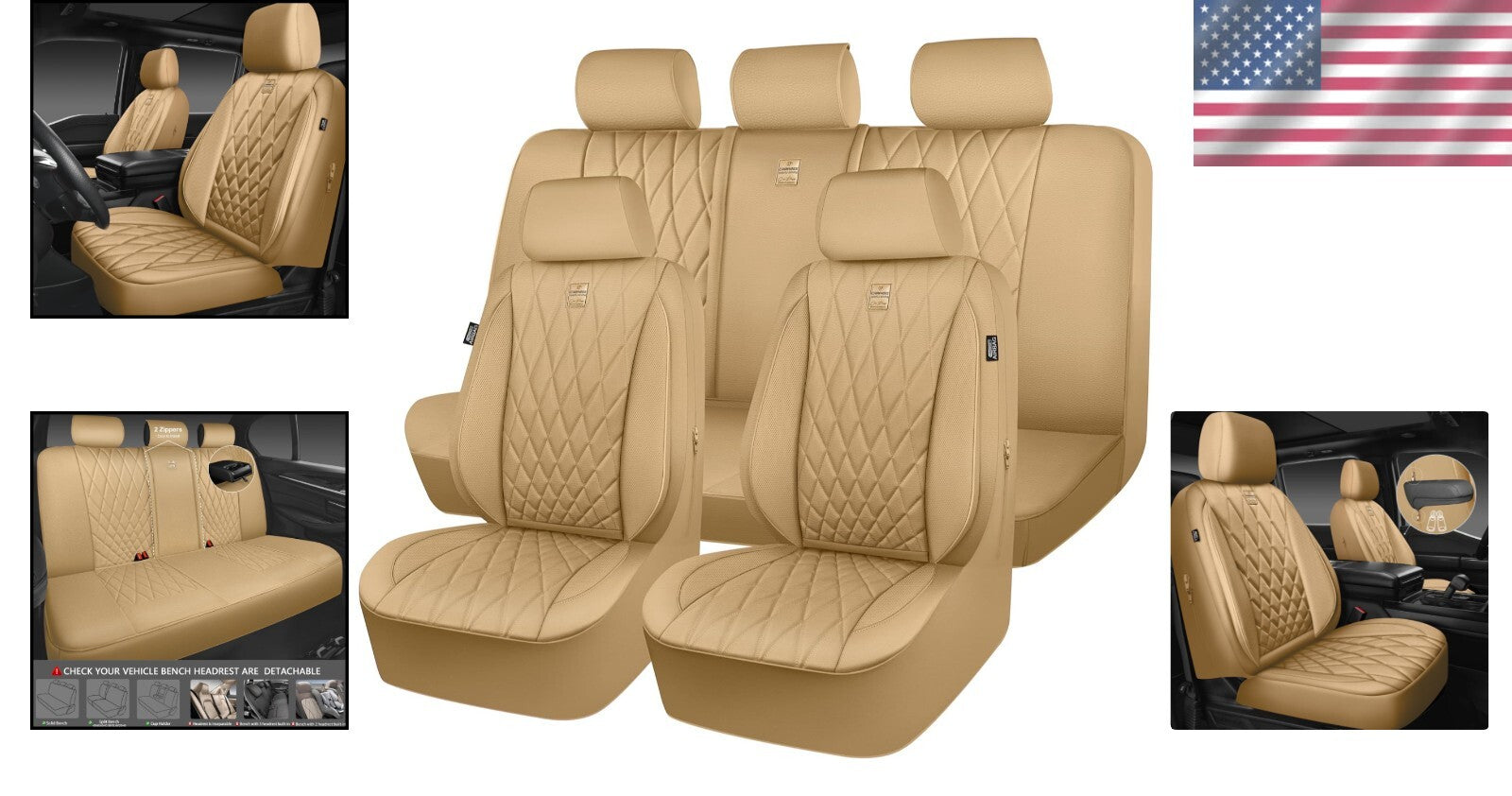 Ergonomic Universal Fit Leather Seat Covers in Pure Beige - Full Set for 5 Seats