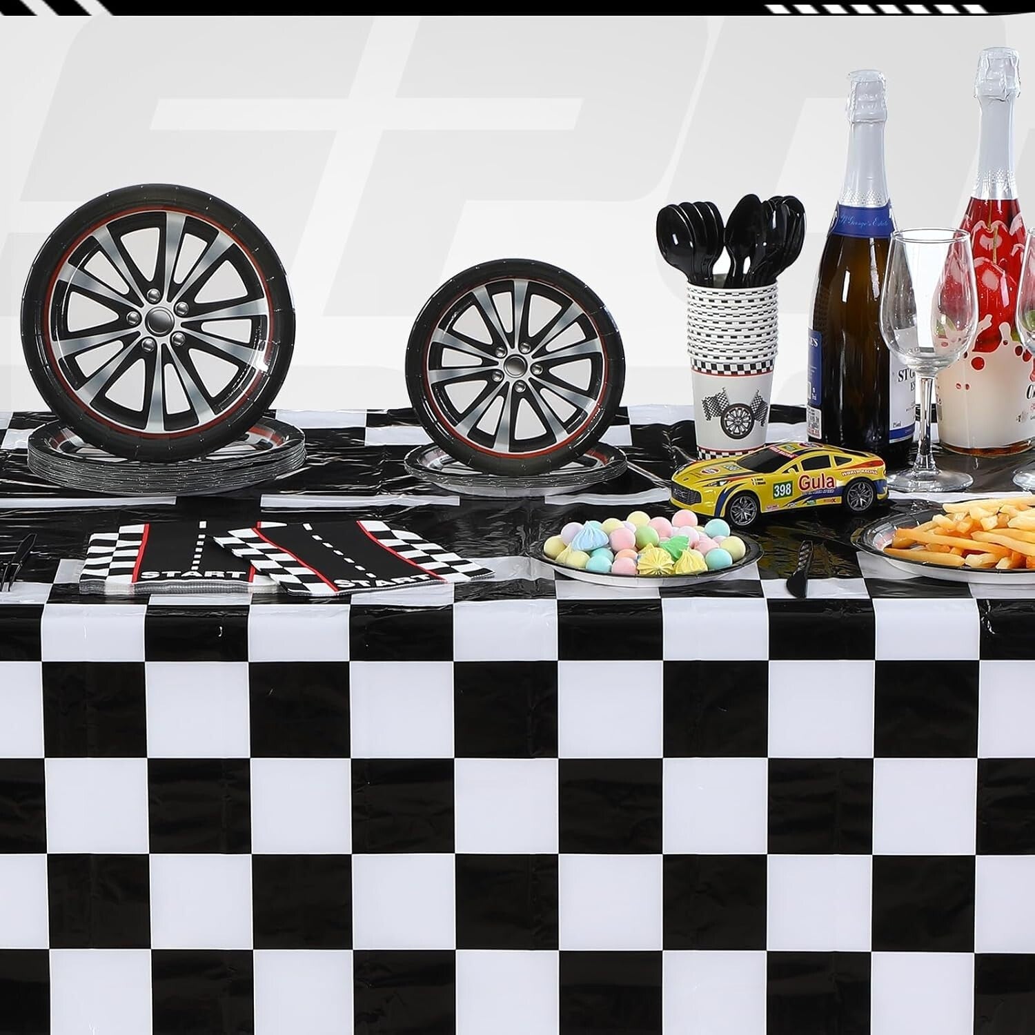 Stylish Race Car Birthday Decorations - Disposable Plates, Cups, and Cutlery Set