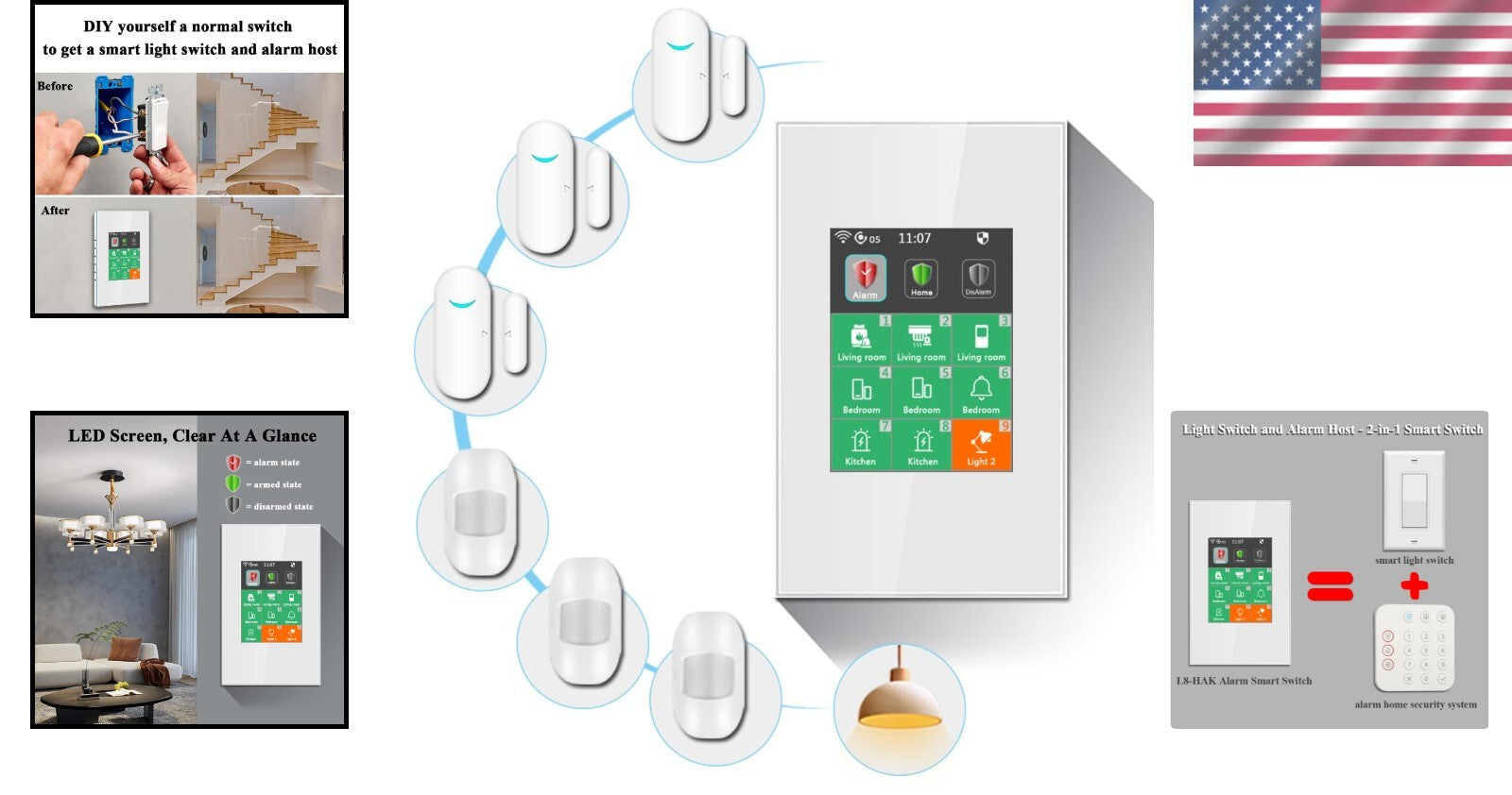 Smart Light Switch and Wireless Alarm System Combo for Home Security Upgrade