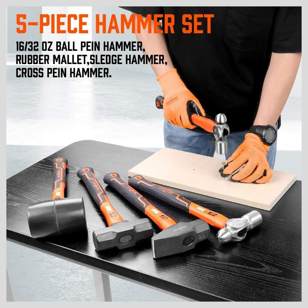 Pro-Grade 5-Piece Hammer Collection - Includes Rubber Mallet & Sledge Hammer
