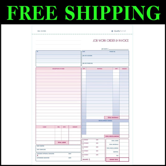 Professional Multicolor Work Order & Invoice Forms for Contractors - 100 Sheets