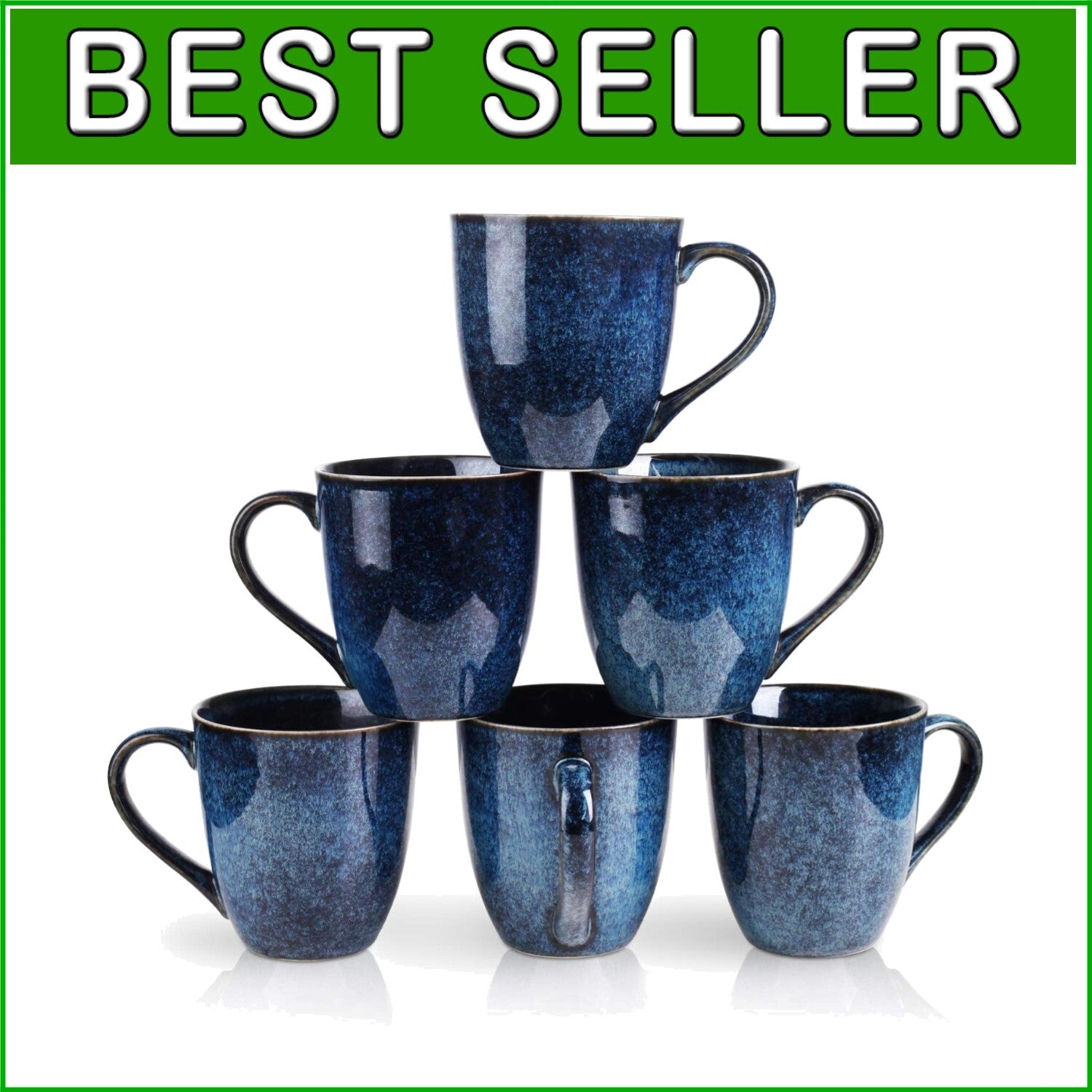 Durable 6-Piece Blue Ceramic Mug Set - 12 Ounce for Coffee, Tea, Milk