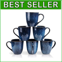 Load image into Gallery viewer, Durable 6-Piece Blue Ceramic Mug Set - 12 Ounce for Coffee, Tea, Milk