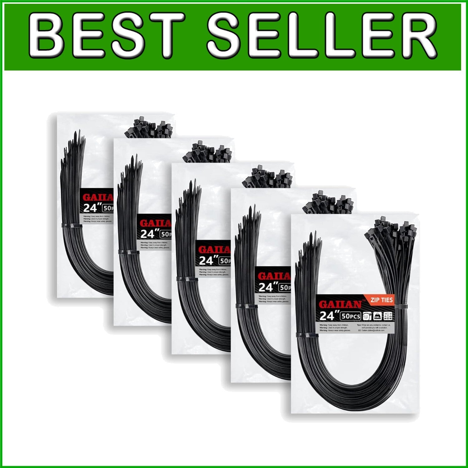 High-Strength 24 Inch Zip Ties, Black, 250 Pack - Perfect for Any Application