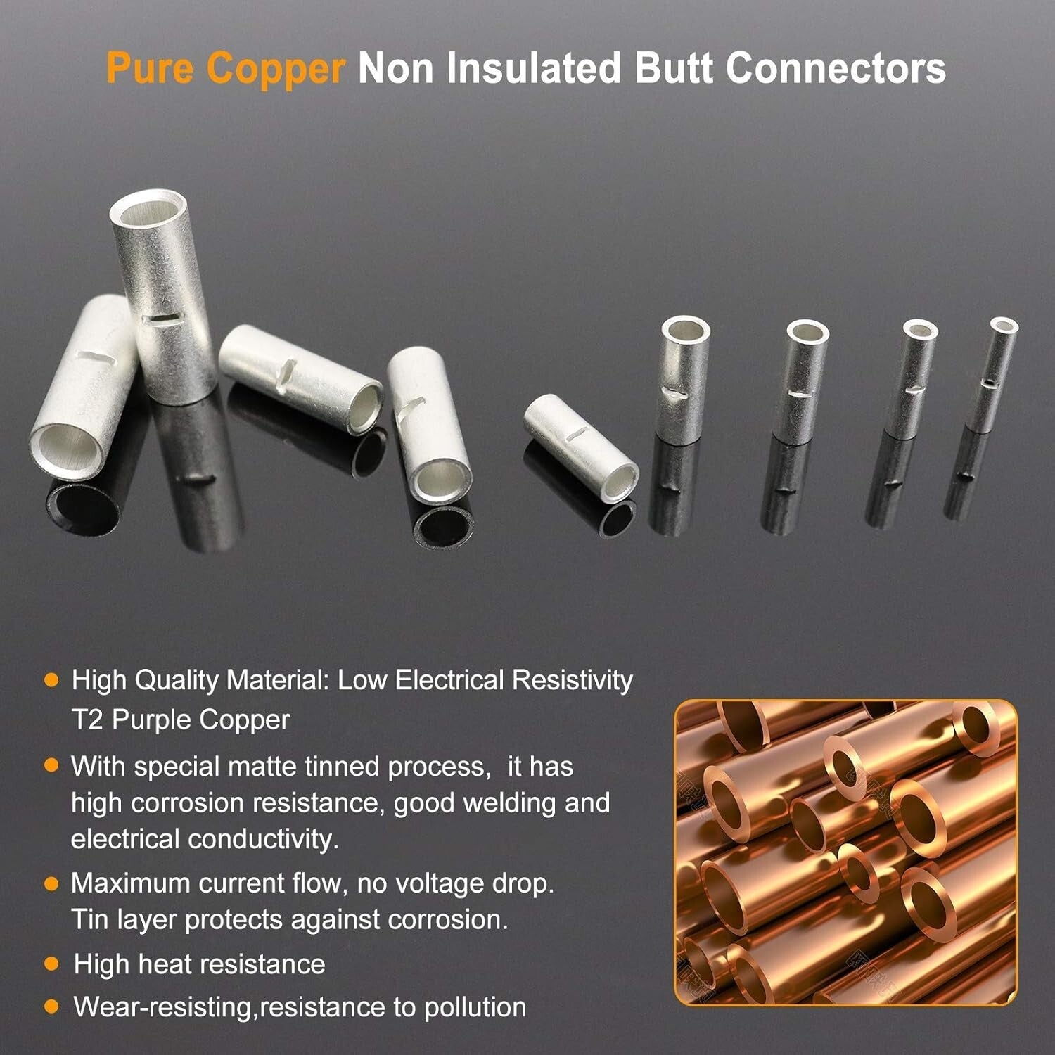 500 PCS Non-Insulated Butt Connectors - Marine Grade Tinned Copper 6-26 AWG