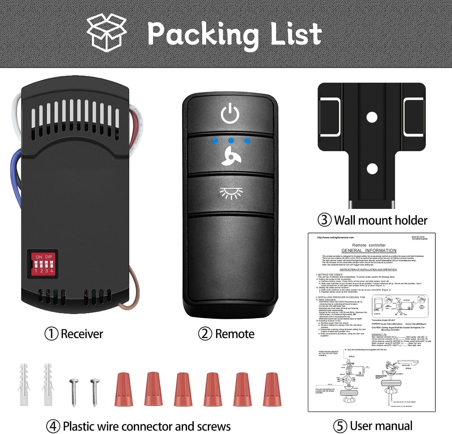 Ergonomic Universal Remote Kit for 3-Speed Ceiling Fans - Light Dimming Feature