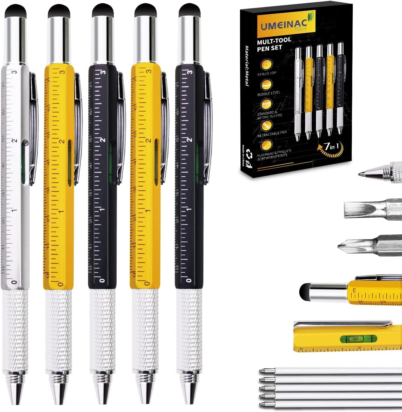7 in 1 Multitool Tech Pen Set - Gift-Ready 5 Pack for Men, Dads & Colleagues