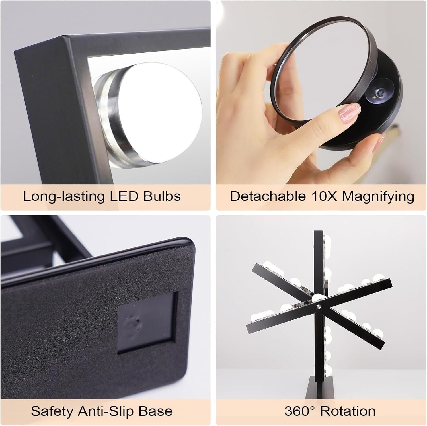Elegant Black Glam Makeup Mirror - 3 Colors & Detachable 10X Magnification