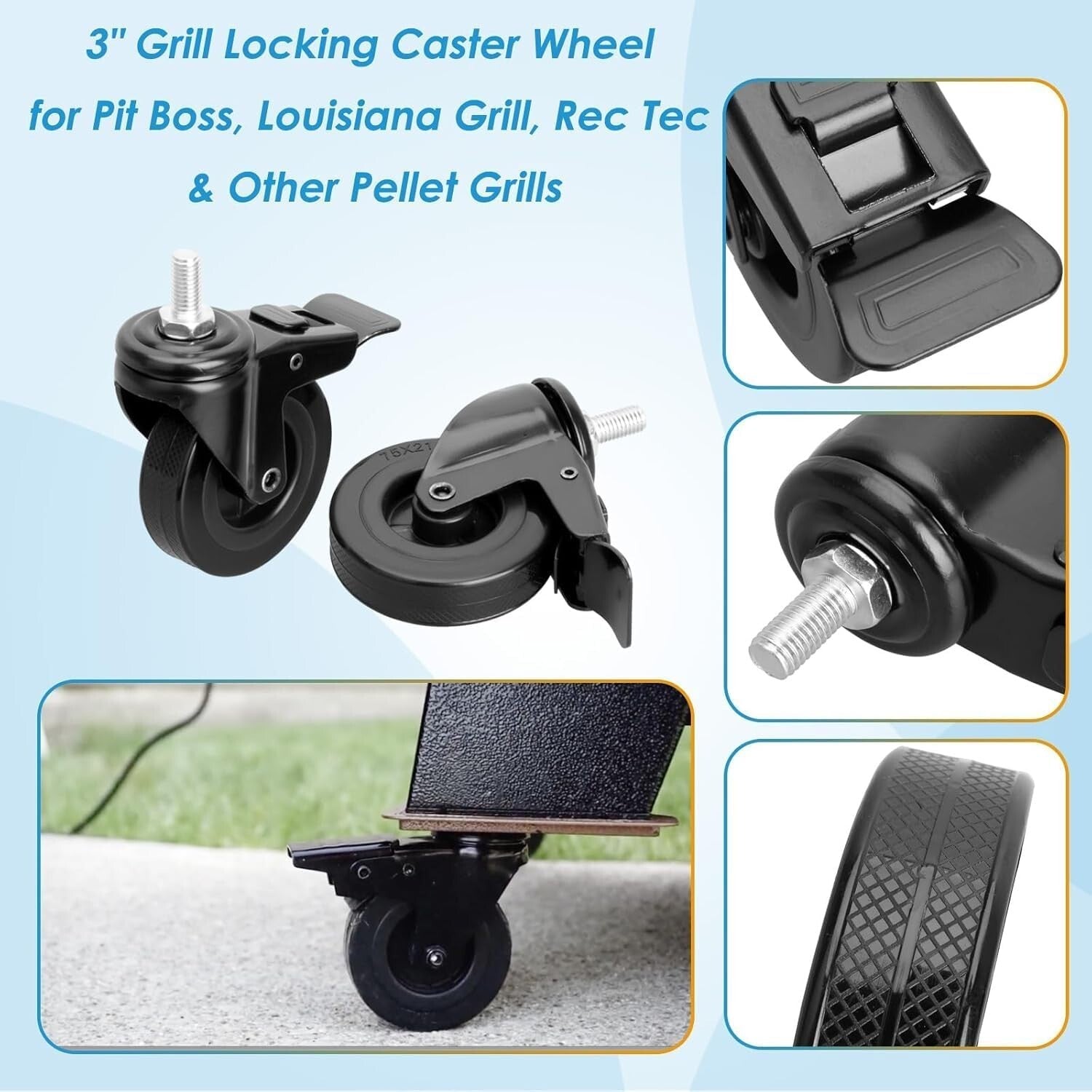 2-Pack 3" Locking Caster Wheels for Pit Boss Pellet Grill Replacement Parts
