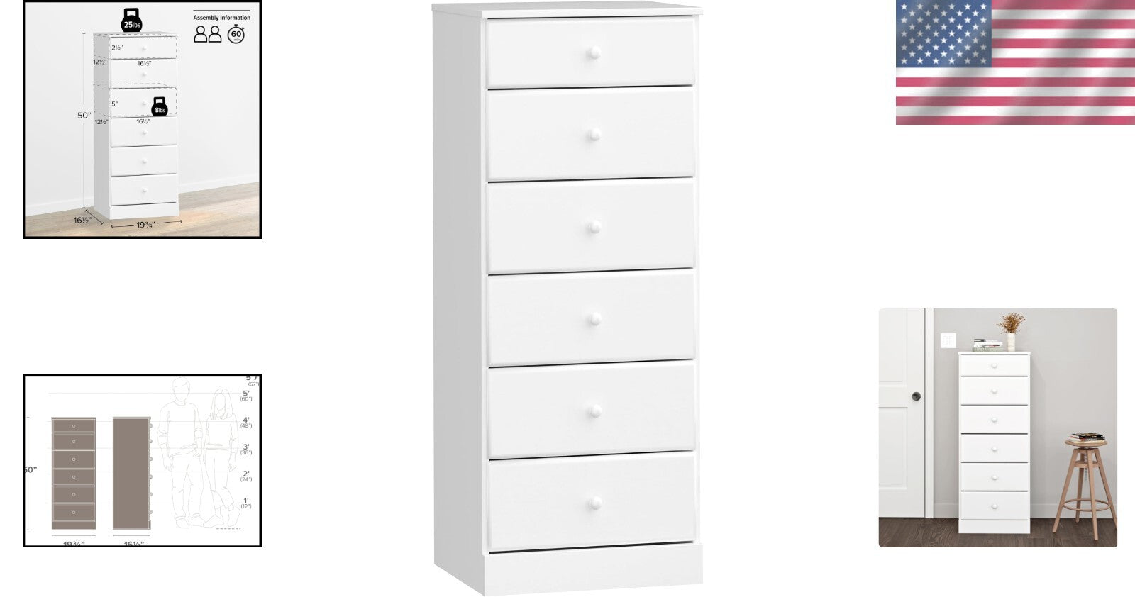 Sleek 6-Drawer White Dresser: Durable Tall Chest Perfect for Organized Bedrooms