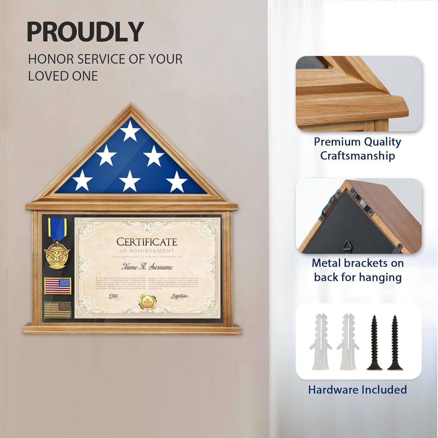Veteran Honor Flag Display Box with Certificate Holder - Wall Mount or Tabletop
