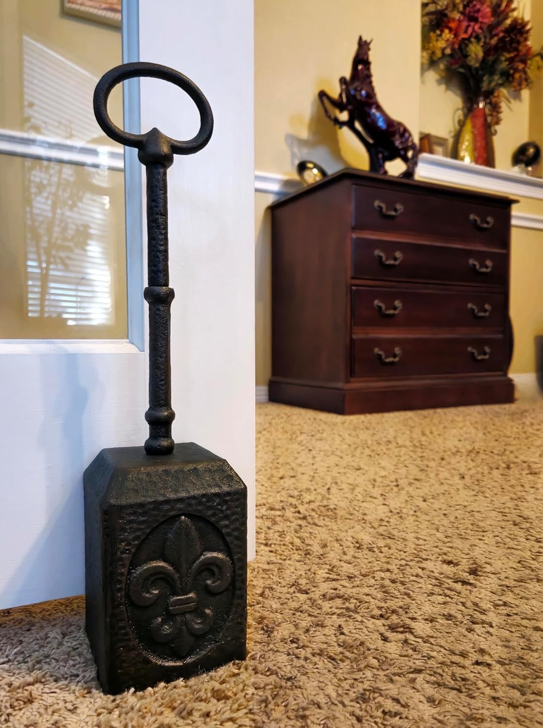 Durable Cast Iron Door Stopper with Adjustable Handle and Fleur de Lis Detailing