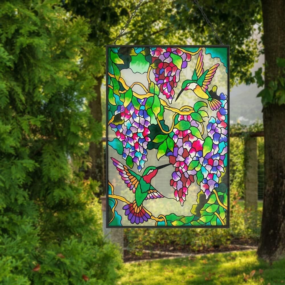 Unique 10" W x 15" H Hummingbird Stained Glass with Hanging Chain - Ideal Gift