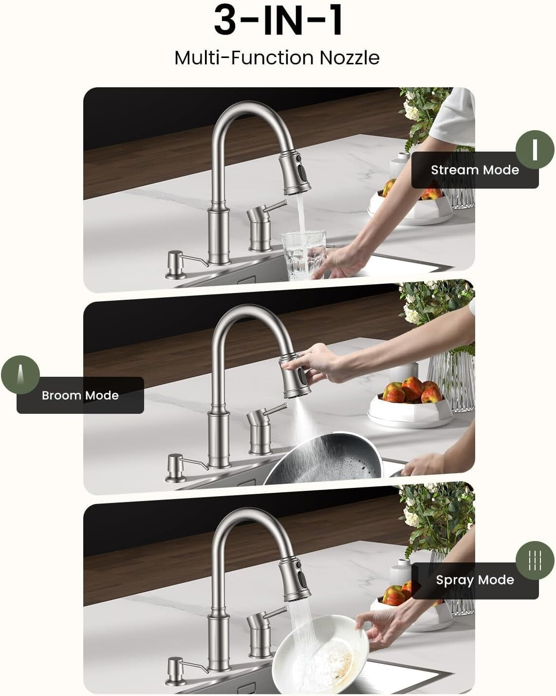 Brushed Nickel Kitchen Faucet with Soap Dispenser & Pull Down Sprayer - 3 Holes