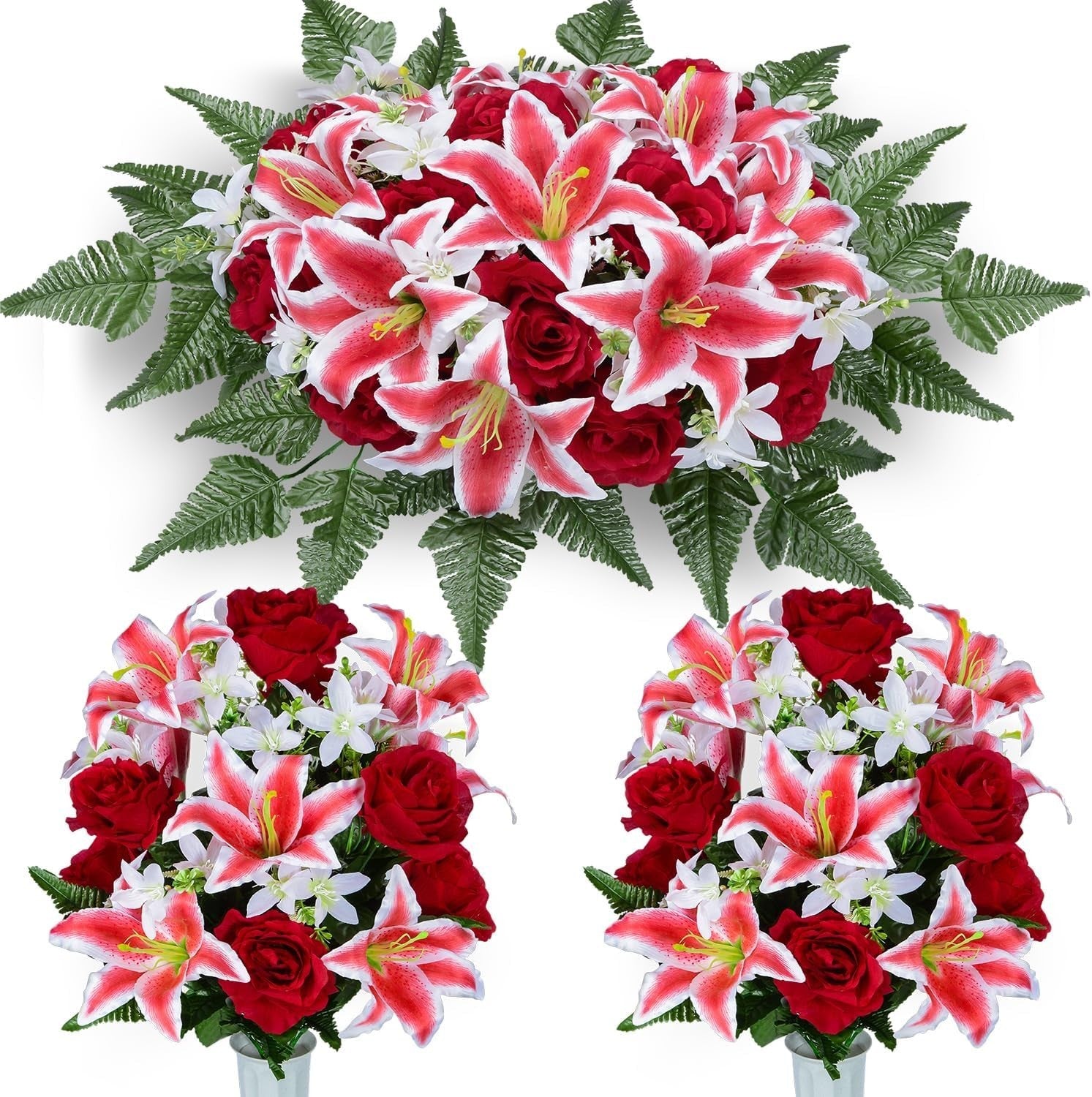 Elegant Artificial Cemetery Flower Saddle with 3 Bouquets for Headstone Decor