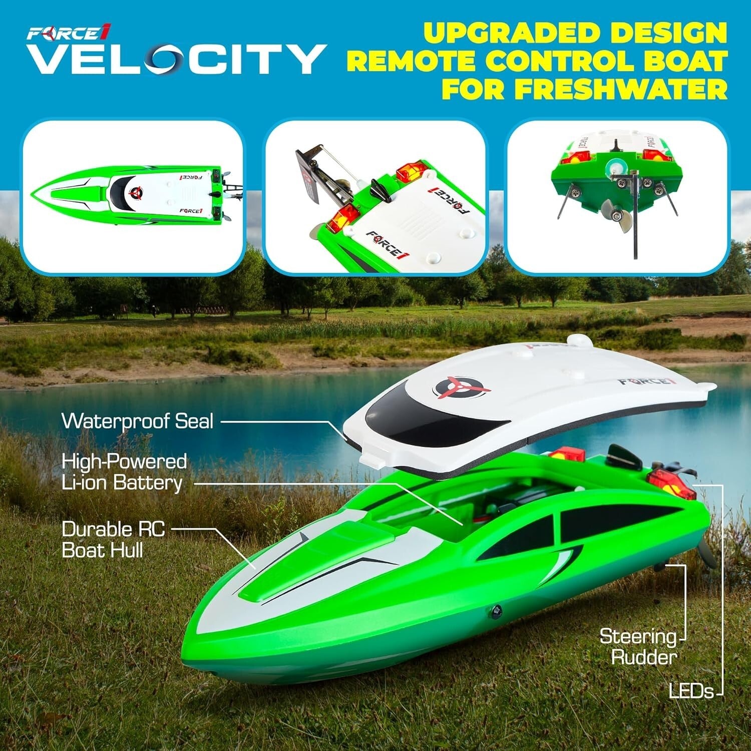 Rechargeable Velocity RC Speed Boat with Underwater Features & Low Battery Alert