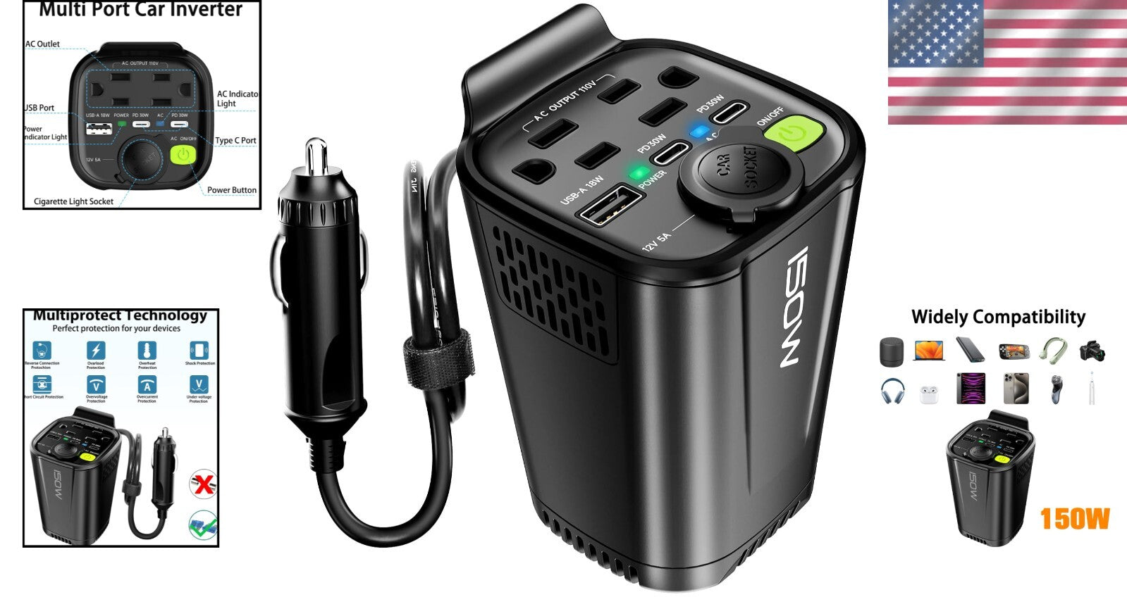 150W Car Power Inverter with Dual AC Outlets and USB Ports - Cup Holder Design