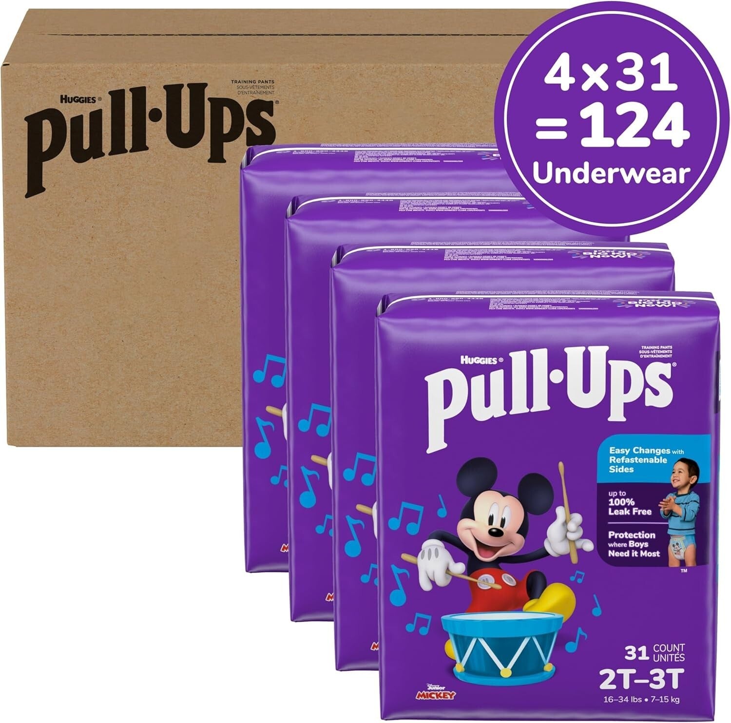 Boys' Potty Training Pants 2T-3T, 124 Count - Leak-Free with Disney Designs
