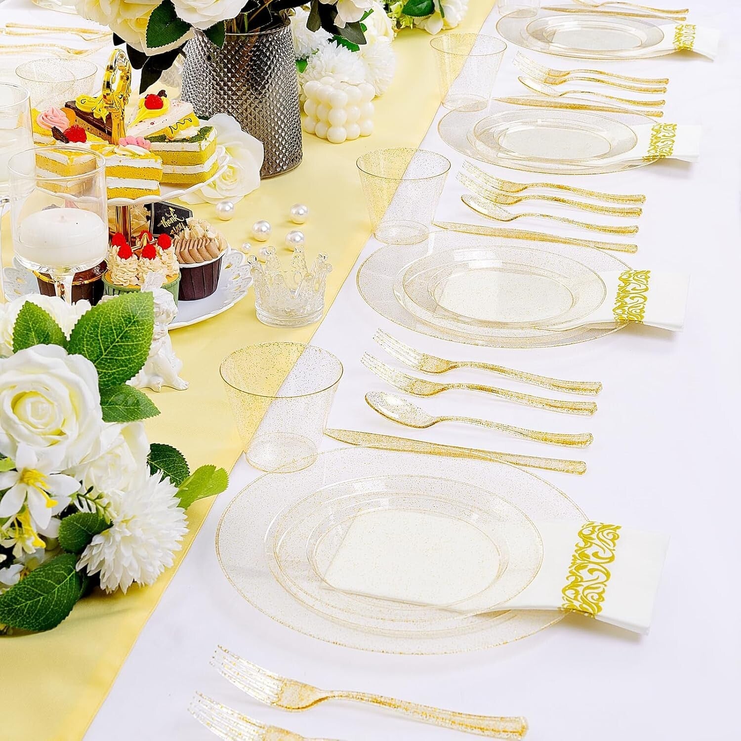 Elegant 700-Piece Disposable Gold Glitter Plates, Cups & Silverware Set