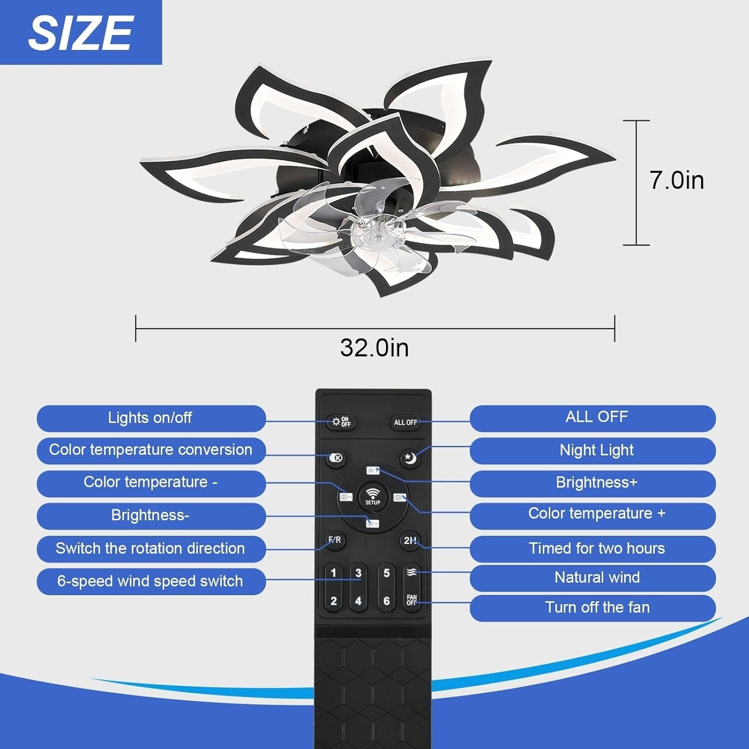 32-Inch Black Flower Ceiling Fan with Remote & Light - Ideal for Modern Homes