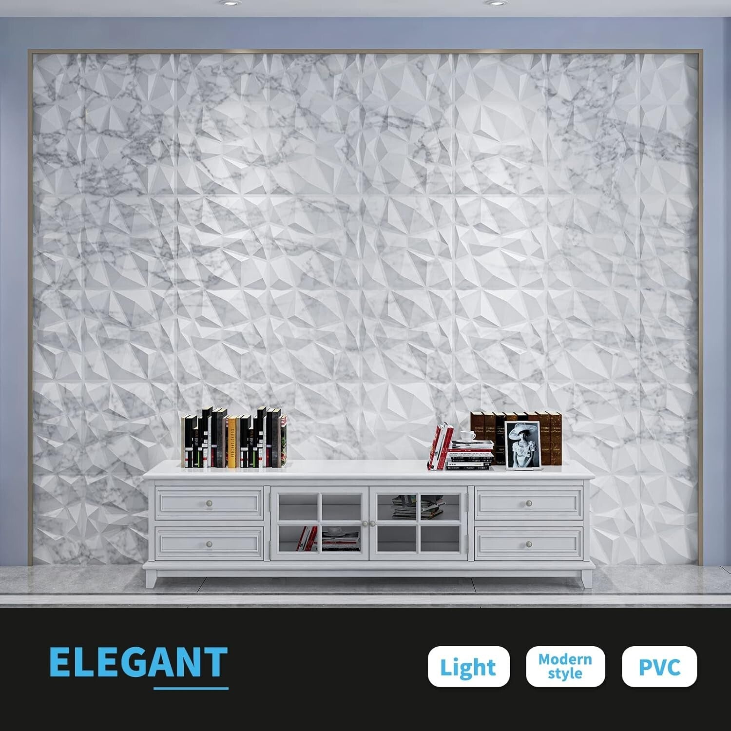 Diamond Design 3D PVC Wall Panels - Glossy White Marble for Elegant Interiors