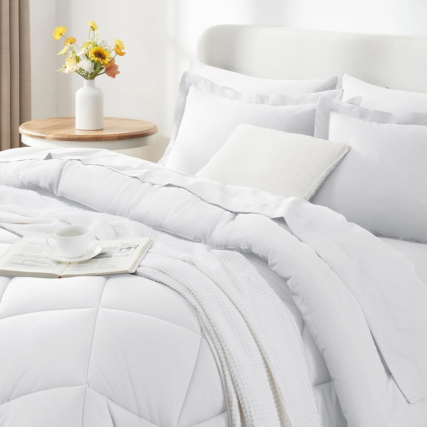 7-Piece King Size Comforter Set - Soft White Luxury Bedding for All Seasons