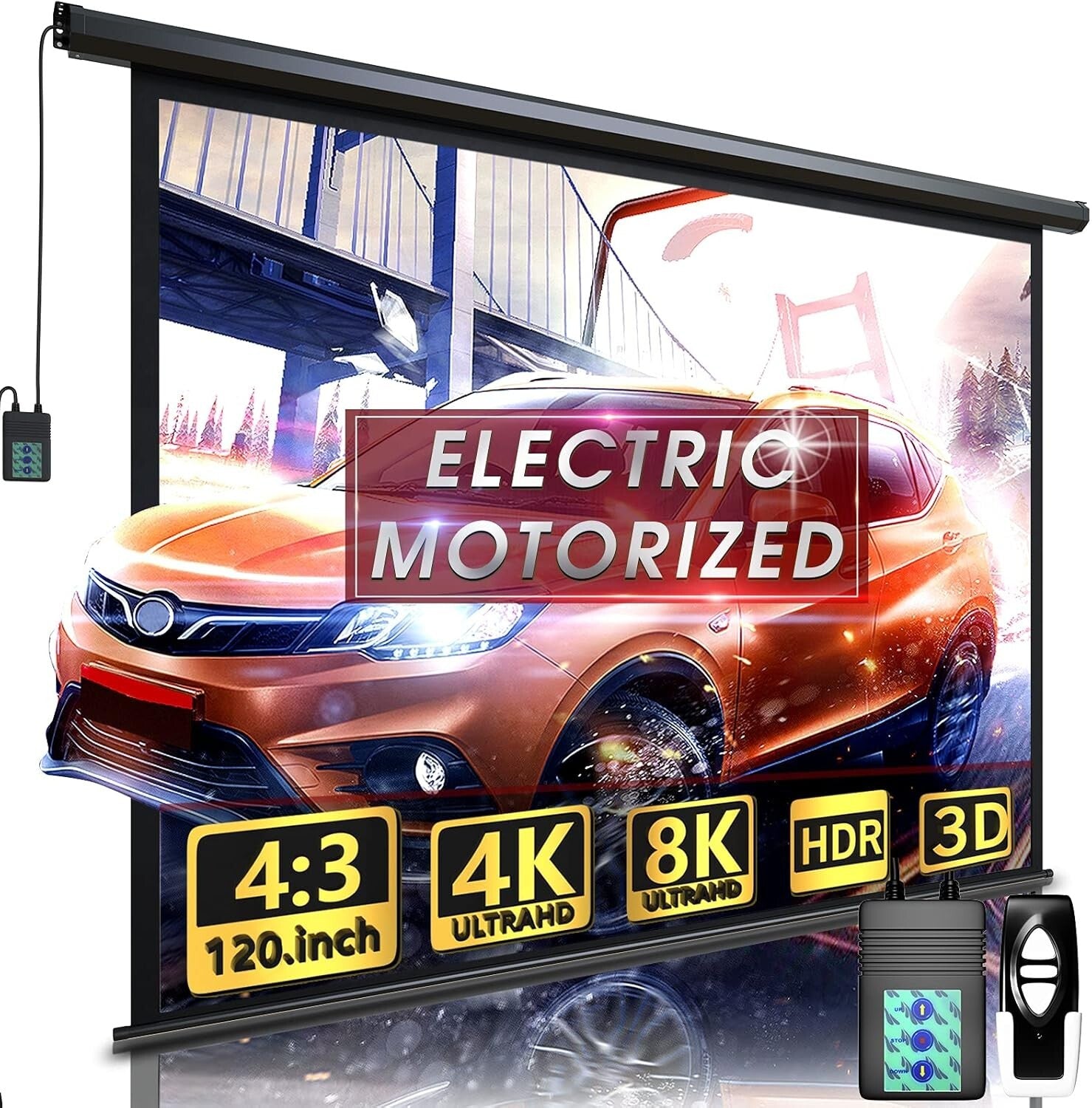4:3 Electric Projector Screen with Remote - 120 Inch for Home & Outdoor Cinema