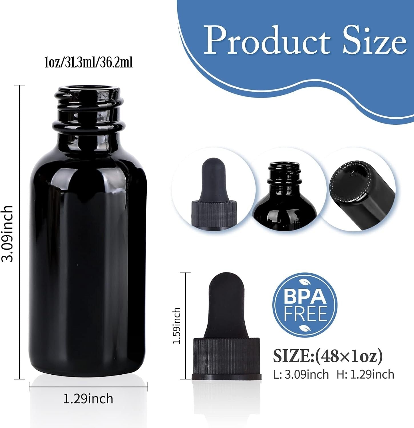 Secure 48-Pack Black Glass 1 oz Dropper Bottles - Essential Oils & Travel Ready