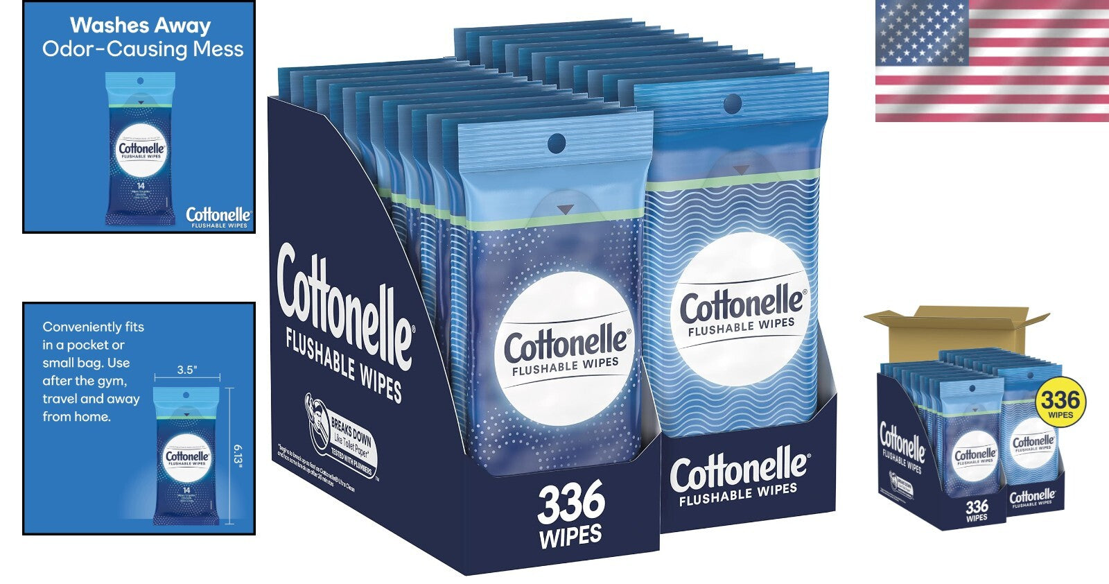 336 Alcohol-Free Flushable Wipes with Wetness Indicator - Individually Wrapped
