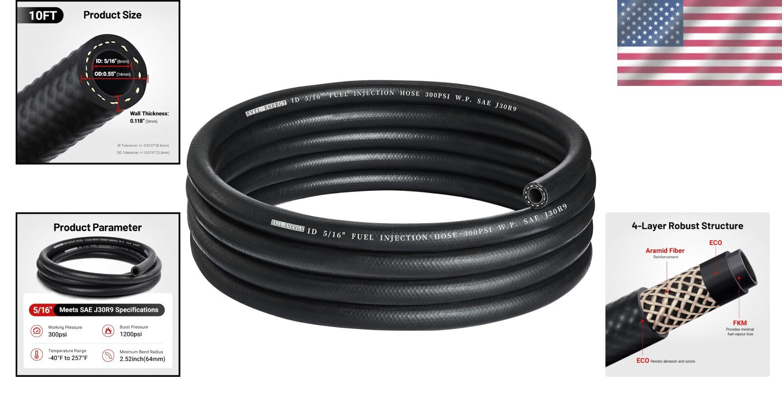 5/16 Fuel Line Hose - 10FT SAE J30R9 Transmission Rubber, 1200PSI Burst Pressure