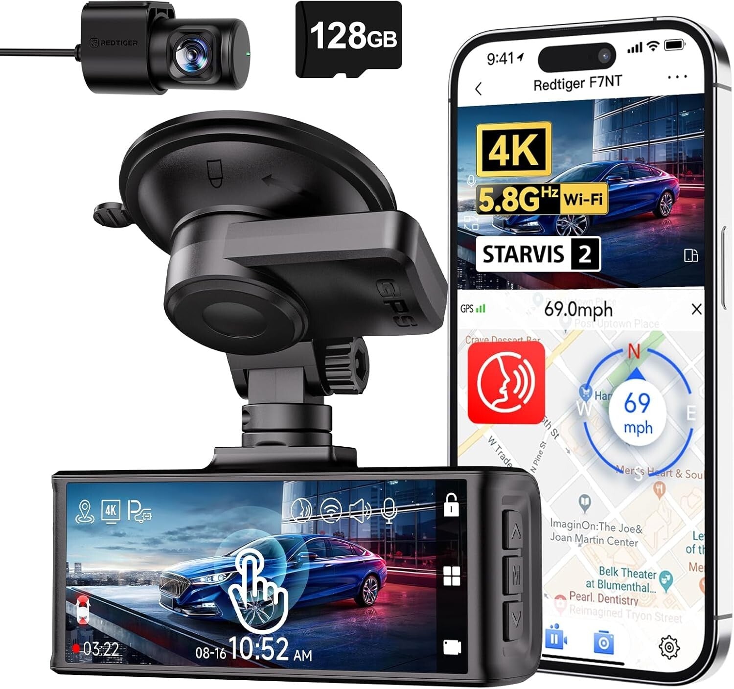 Advanced 4K Front & 1080P Rear Dash Cam with WiFi and Night Vision Features