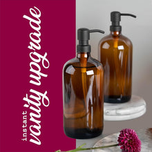 Load image into Gallery viewer, Versatile 32oz Amber Glass Shampoo and Soap Dispenser with Stainless Steel Pumps