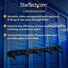 Load image into Gallery viewer, Horizontal 1U Cable Management Organizer with Steel D-Ring Hooks - EIA Compliant