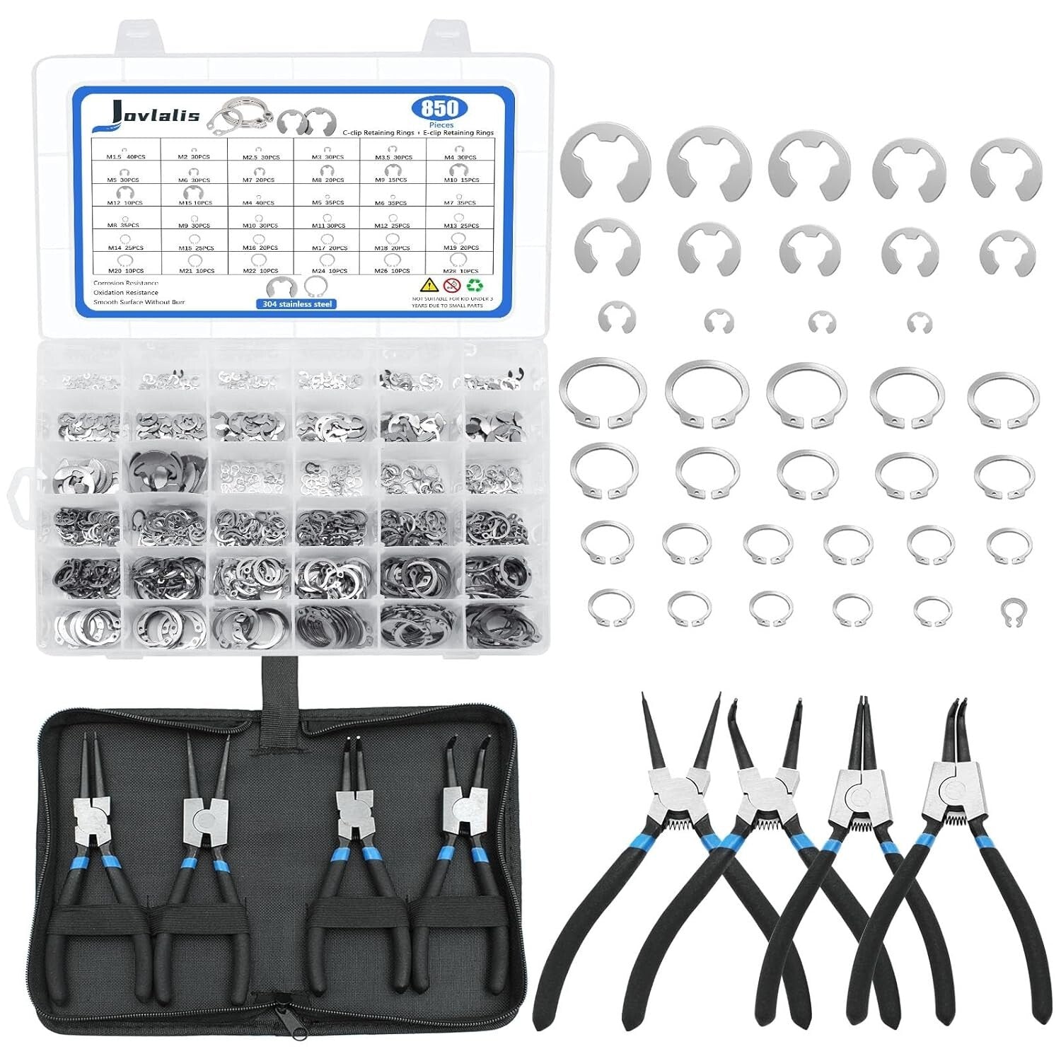 C-Clip and E-Clip Assortment Kit - 850Pcs Stainless Steel Snap Rings with Pliers