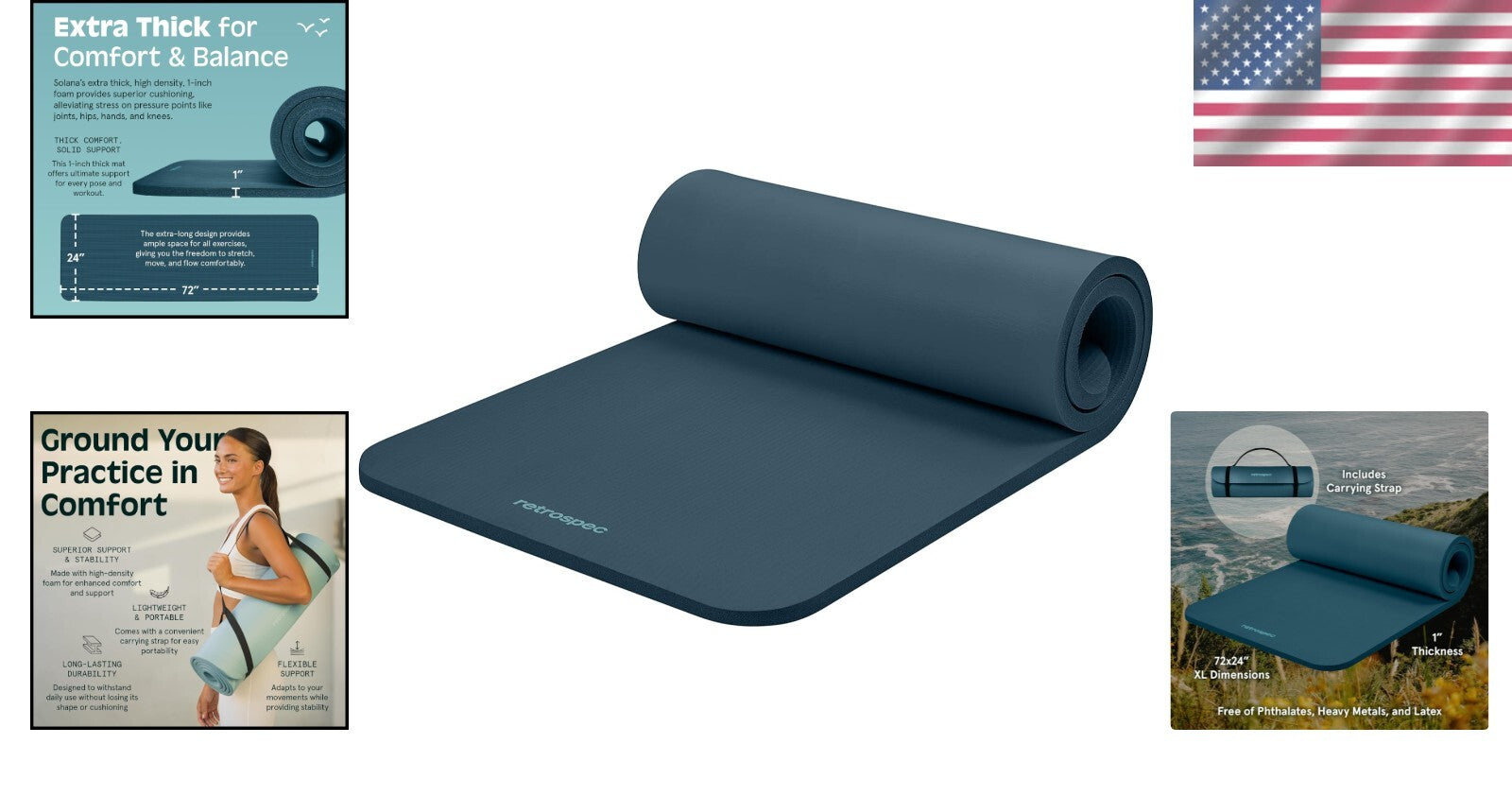 Solana 1" Thick Yoga Mat - Durable, Non-Slip with Nylon Strap for All Workouts