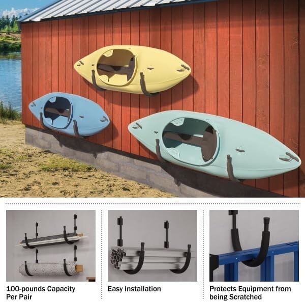 2-Pack Kayak Storage Hook Set - Wall Mount Hangers, 100lb Capacity - Black
