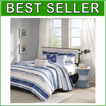 Load image into Gallery viewer, Navy/Aqua Coastal Quilt Set 6 pcs - Full/Queen with Hypoallergenic Coverlet