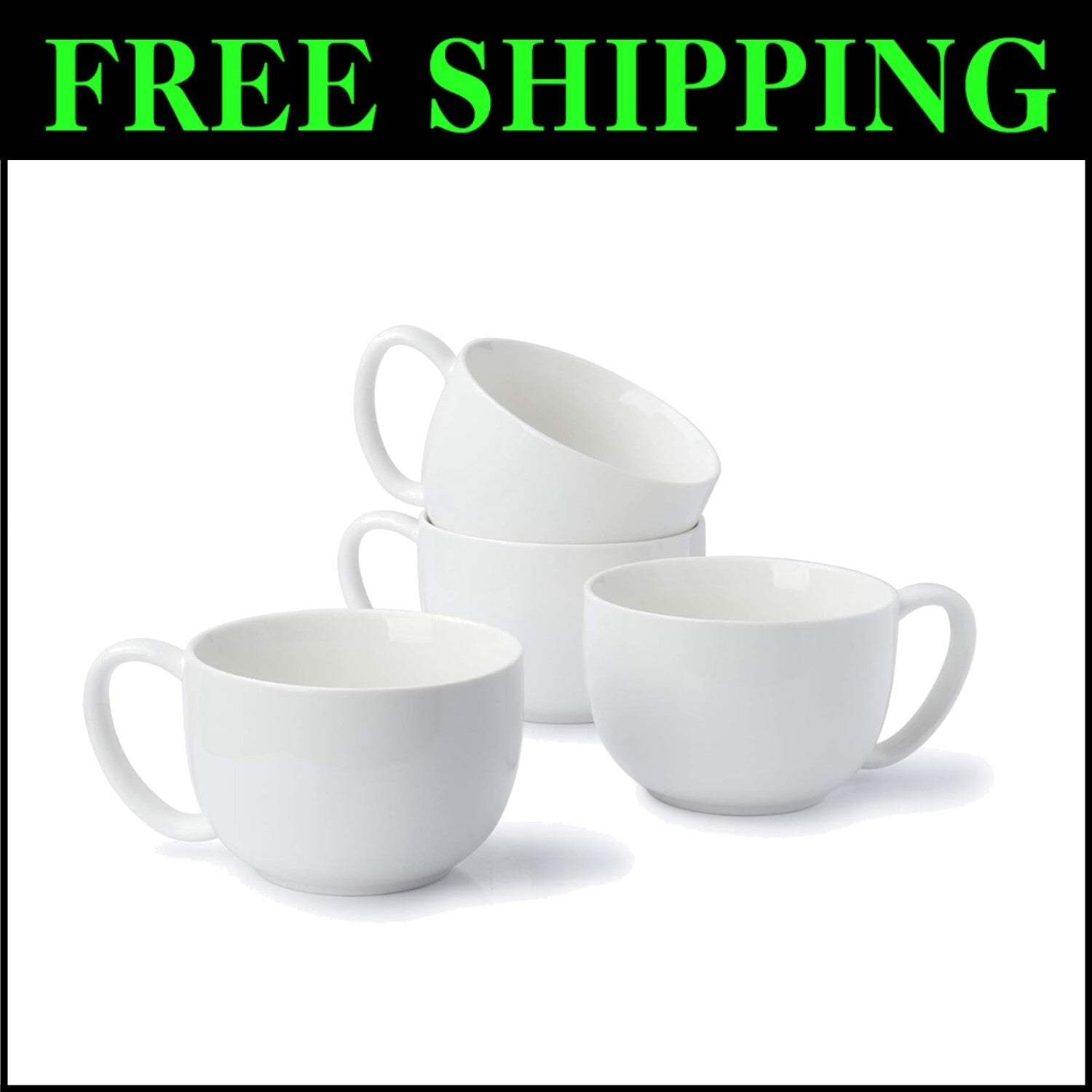 Comfort Grip 22oz Porcelain Mugs Set of 4 - Ideal for Soup, Hot Chocolate & More