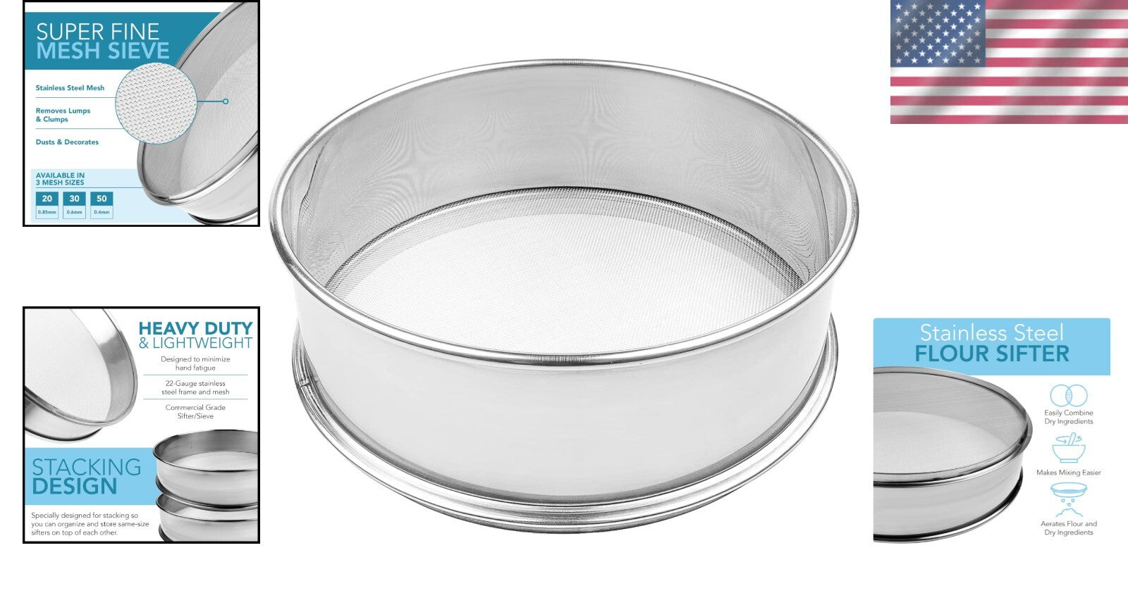 Commercial-Grade Stainless Steel Flour Sifter with Fine Mesh - 14" Diameter