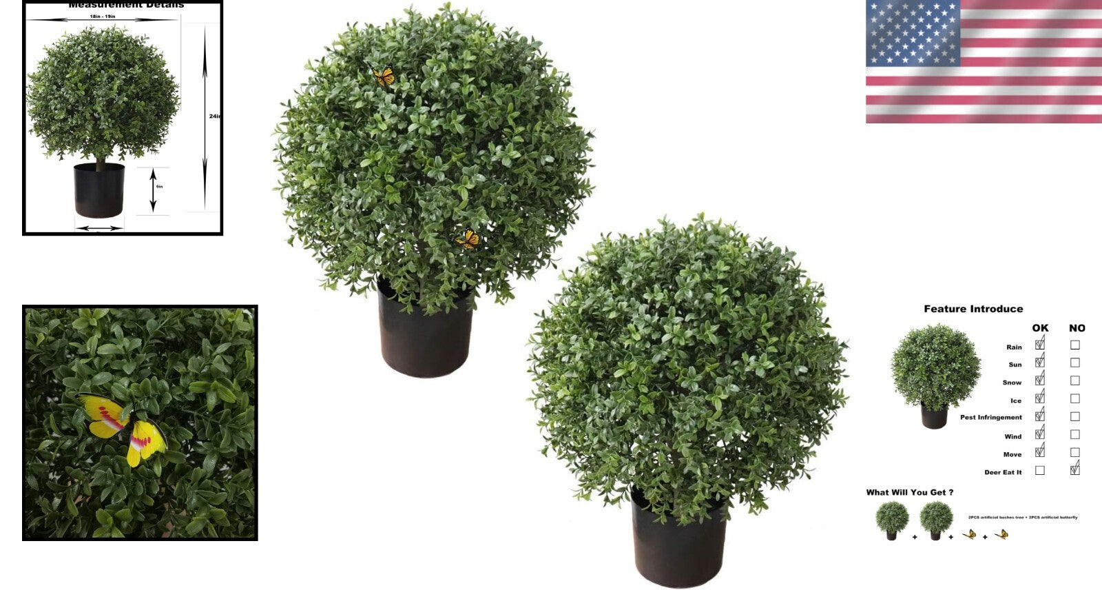 Elegant Set of 2 Fake Boxwood Topiary Trees - 24'' Height for Outdoor Decor