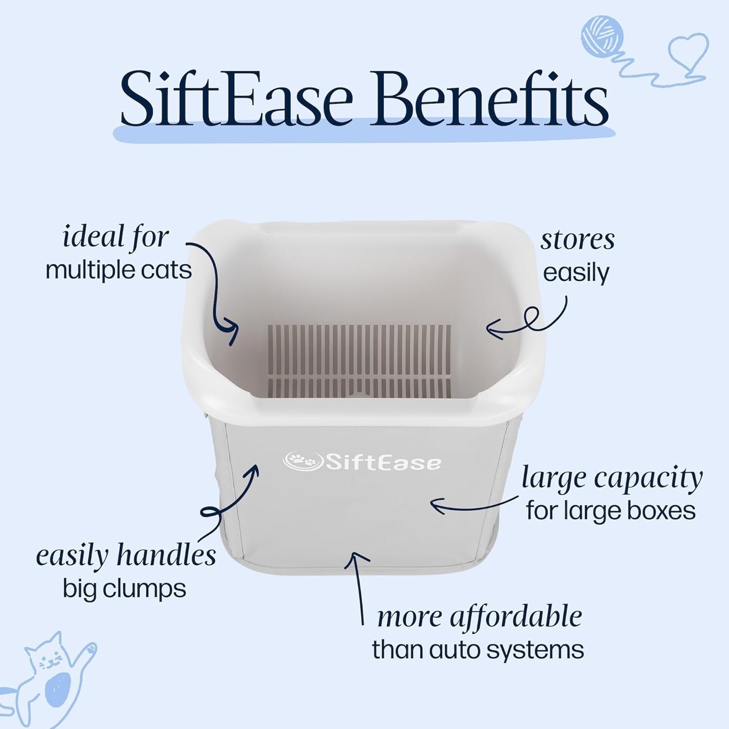 Light Grey Cat Litter Sifter - SiftEase with Deep Basket for Multi-Cat Homes